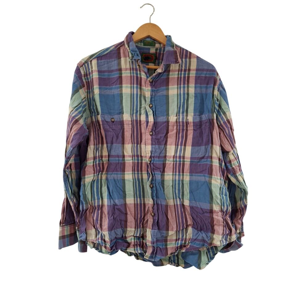Men's Vintage Boston Trader Multi Color Plaid Button Up Shirt Size Large